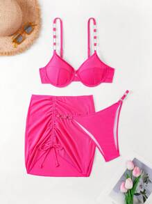 SHEIN Swim Metal Buckle Detail Underwire Bikini Set Summer - Hot Pink - View 1