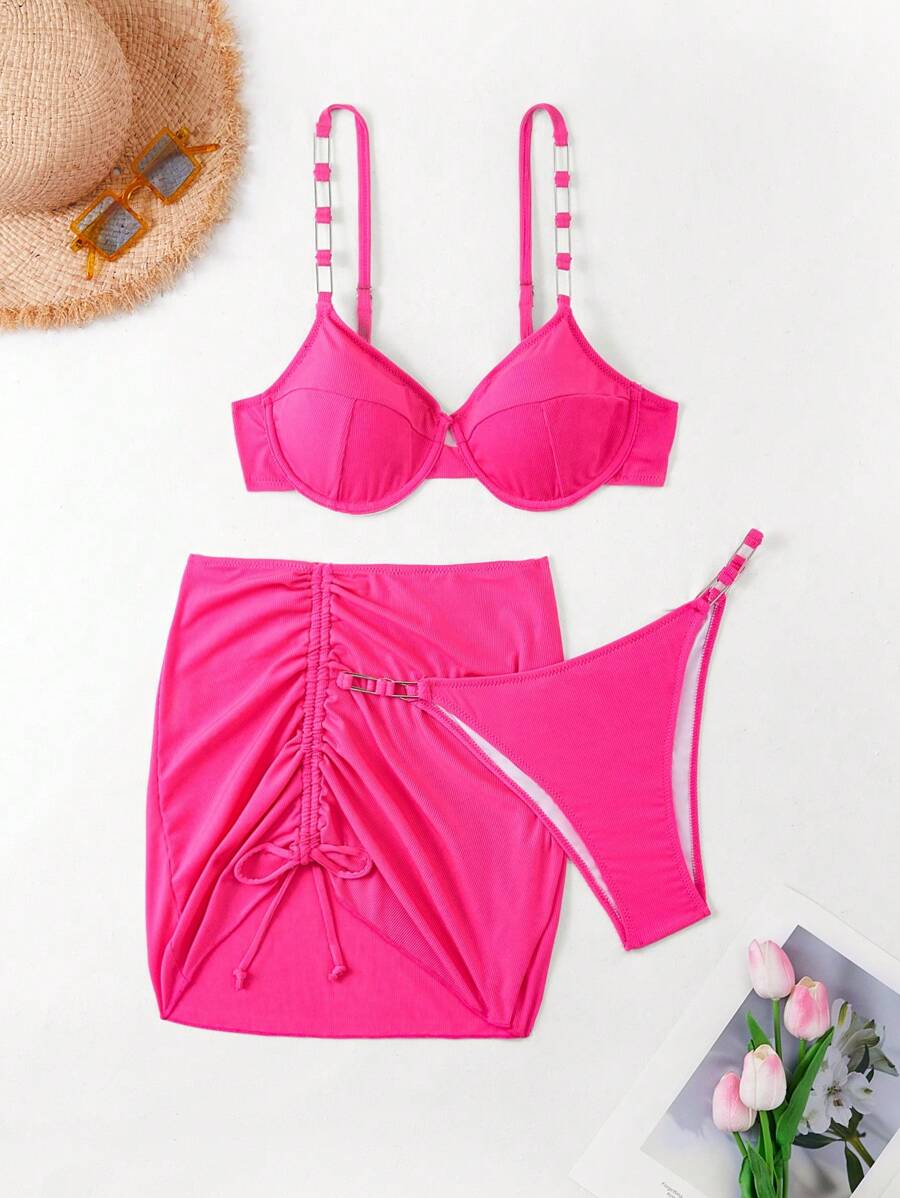 SHEIN Swim Metal Buckle Detail Underwire Bikini Set Summer - Hot Pink - View 1