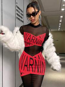 SHEIN Unity Black Printed Red Fishnet Dress - Red and Black - View 3