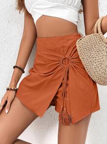 SHEIN Frenchy Dekoracja Z Frędzlami Połączone z pierścieniem Muszka Zawinąć Mini Asymetryczna lamówka Spódnica