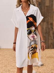 SHEIN LUNE Cartoon Character Printed Button Front Batwing Sleeve Dress - White - View 4