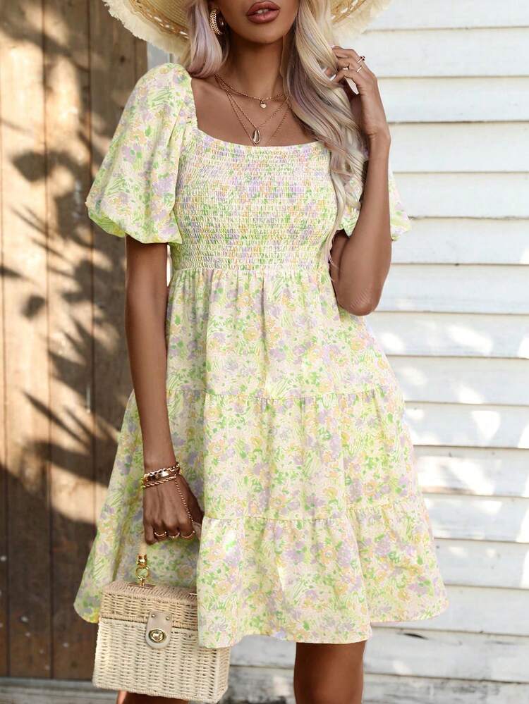 Plus Size Women's Floral Print V-Neck Short Bubble Sleeve A-Line Dress