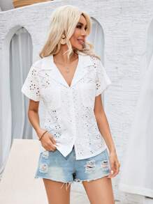 Aveloria Solid Color Cutout Design Embroidered Short Sleeve Shirt - White - View 7
