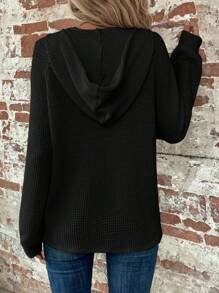 EMERY ROSE Half Button Raglan Sleeve Drawstring Hoodie In Fall/Winter - Black - View 2