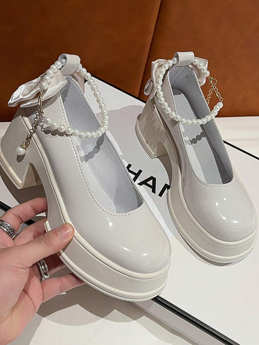 Zapatos De Plataforma De Tacón Alto Con Cadenas De Perlas Sintéticas, Cómodos Y Elegantes Para Adolescentes - Beis - Ver 1