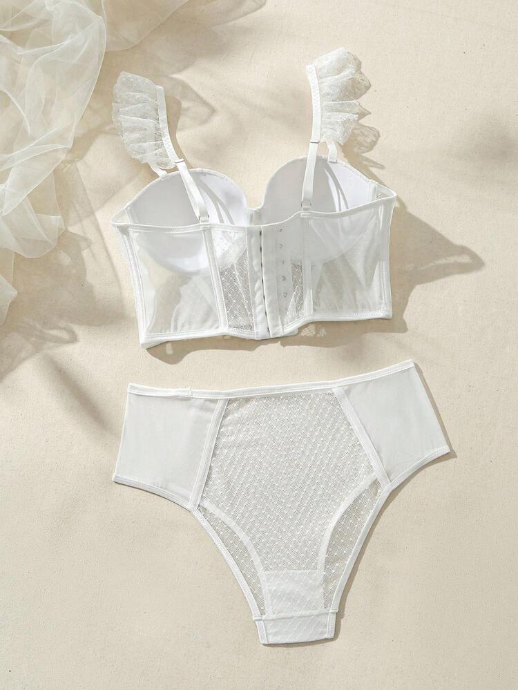 Women's Mesh Ruffle Trim Underwire Bra & Panty Underwear Set, Lingerie