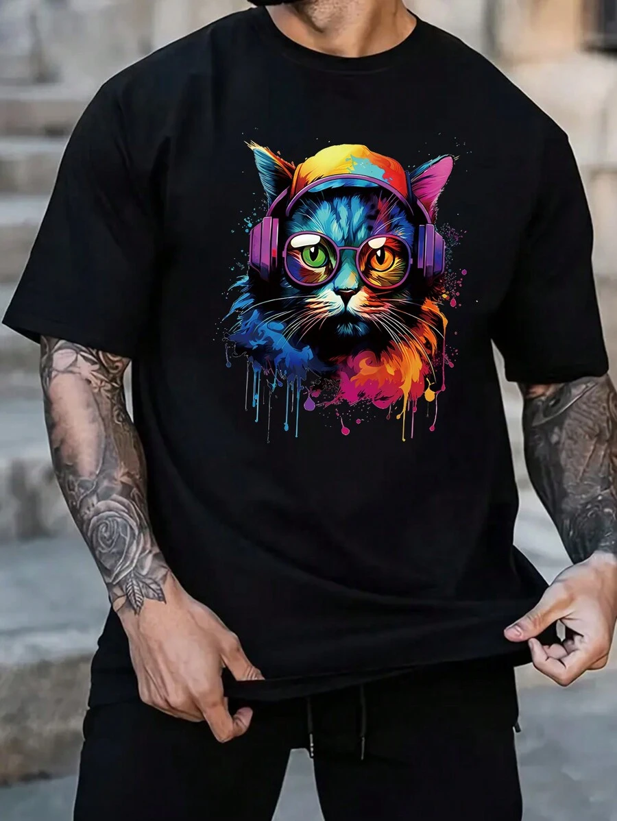 男士貓咪印花圓領t恤 - 黑色 - 查看 1