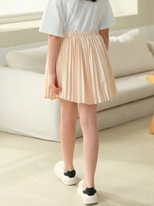 SHEIN 韓國風格休閑青少女短裙，前摺褶紋設計和吊帶設計 - 杏色 - 查看 2