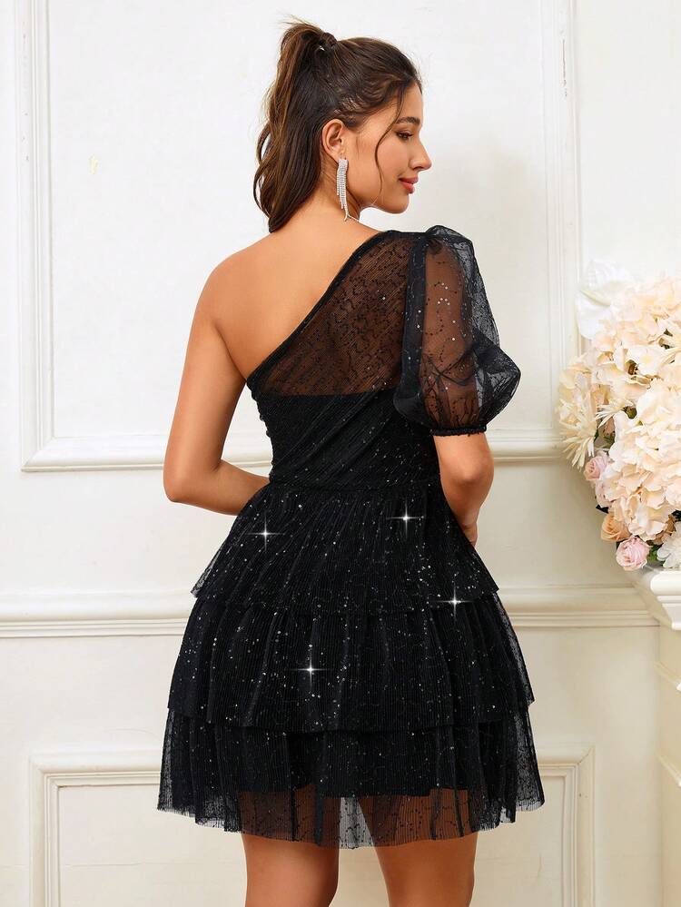 Elegant And Gorgeous Romantic Women's Black Stretch Pleated Sequin Fabric Puff Sleeves Beaded Patchwork Ruffle Hem Layered A-Line Dress Suitable For Vacation Graduation Season Wedding Holiday Gift Cocktail Dress