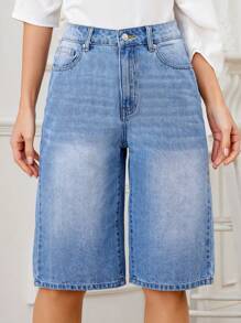 SHEIN LUNE Jeans Larges, Décontractés Et Courts À Jambes Larges De Couleur Bleu Clair Pour Femmes - Jean clair - Voir 1