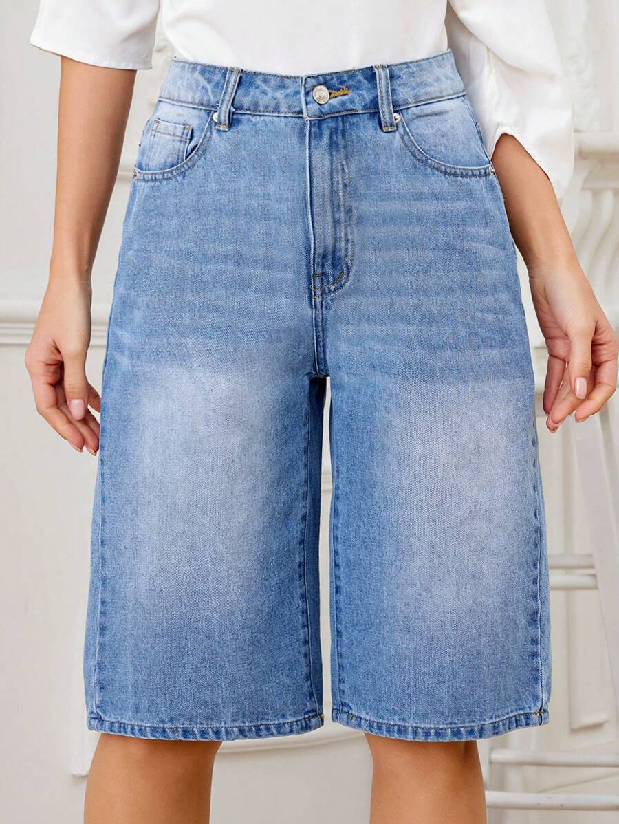 SHEIN LUNE Jeans Larges, Décontractés Et Courts À Jambes Larges De Couleur Bleu Clair Pour Femmes - Jean clair - Voir 1