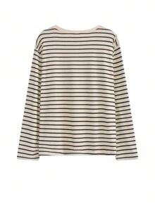 Women's Casual Striped Round Neck Drop Shoulder Long Sleeve T-Shirt, Spring/Autumn