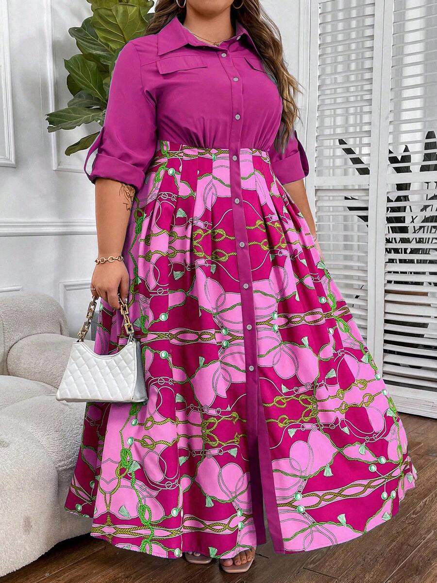 SHEIN CURVE+ Plus Size Printed Short Sleeve Shirt Dress - Multicolor - View 1