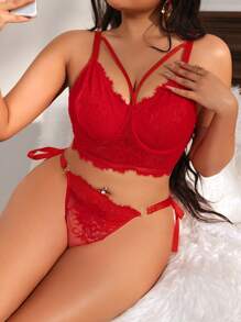 2pcs/Set Plus Size Lace Underwear With Underwire Bra & Panty, Lingerie