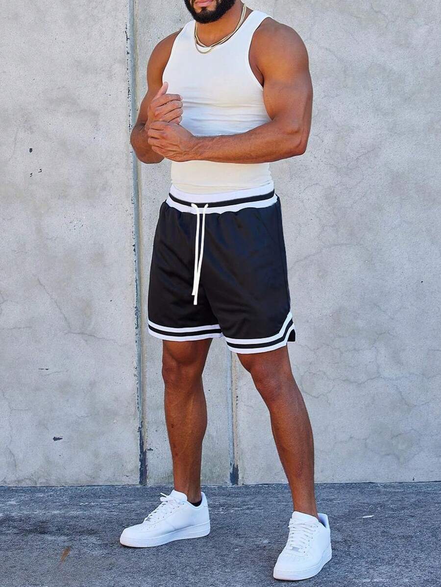 男士條紋飾邊腰部抽繩短褲 - 黑色 - 查看 1