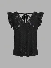 SHEIN Frenchy Women's 2 Pieces Black And White Skeleton Embroidered Ruffle Hem T-Shirt,Summer Elegant Backless Lace Splicing Tee,Casual Vacation Tops - Multicolor - View 6