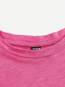 SHEIN EZwear 女士休闲日常通勤玫瑰红短袖荷叶边针织T恤，夏季 - 玫紅色 - 查看 4