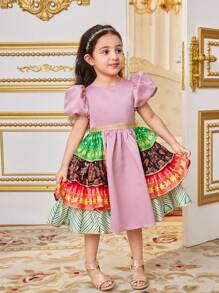 SHEIN Young Girl Round Neck Bubble Sleeve Ethic Style Printed Layered Ruffle Patchwork Dress - Pink - View 3
