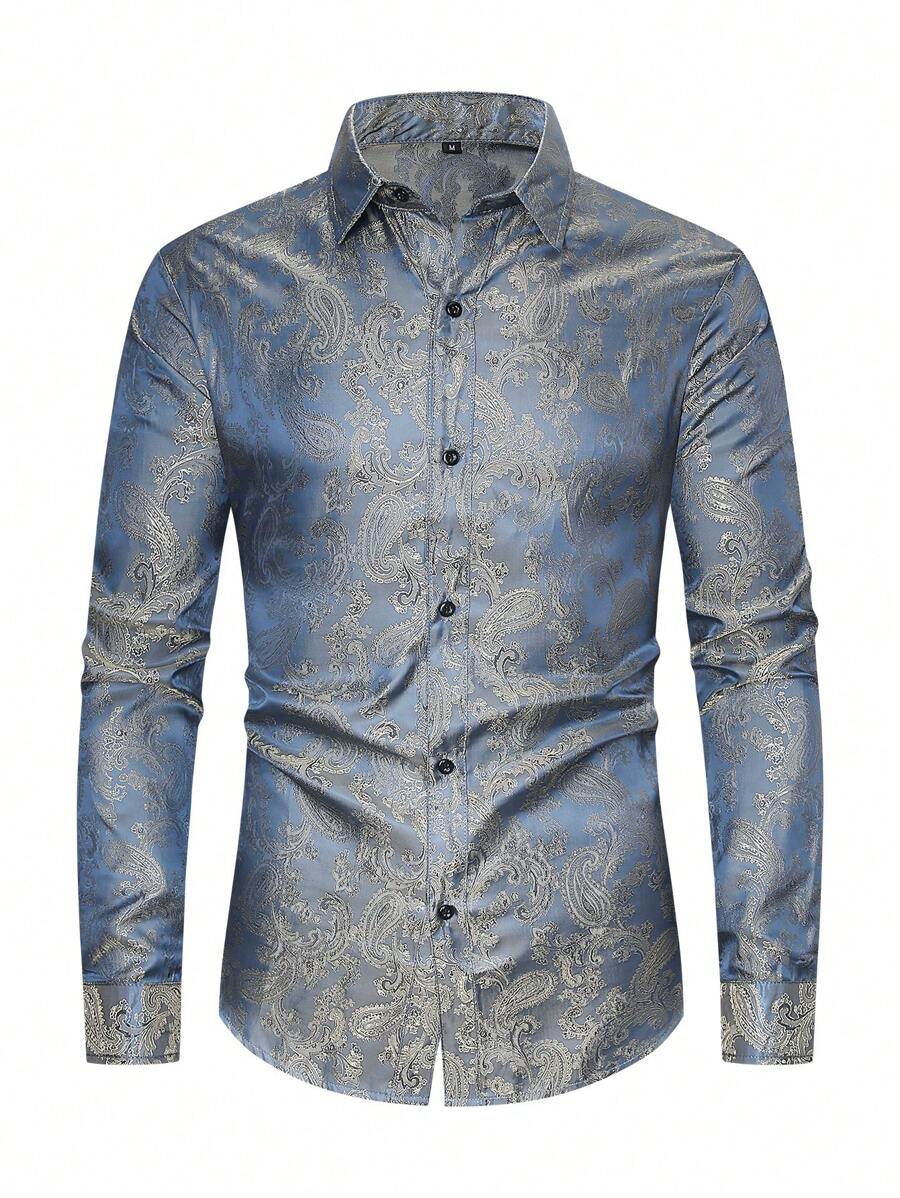 男士长袖佩斯利提花纽扣休闲衬衫