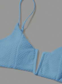 SHEIN Swim Summer Women's Fashionable Sweet V-Neck Blue Bikini Set - Blue - View 3