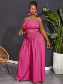 Slaydiva Conjunto de top sin tirantes con volantes y pantalones de pierna ancha en unicolor para mujer talla grande - Rosa Fucsia - Ver 5