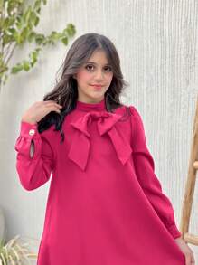 SHEIN Vestido para niñas preadolescentes con mangas largas estilo retro, cuello tejido con soporte, botones decorativos en la parte de atrás y línea A