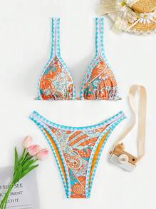SHEIN Swim Set bikini estivo da donna vintage con stampa a blocchi di colore e spalline intrecciate - Multicolore - Visualizzare 3