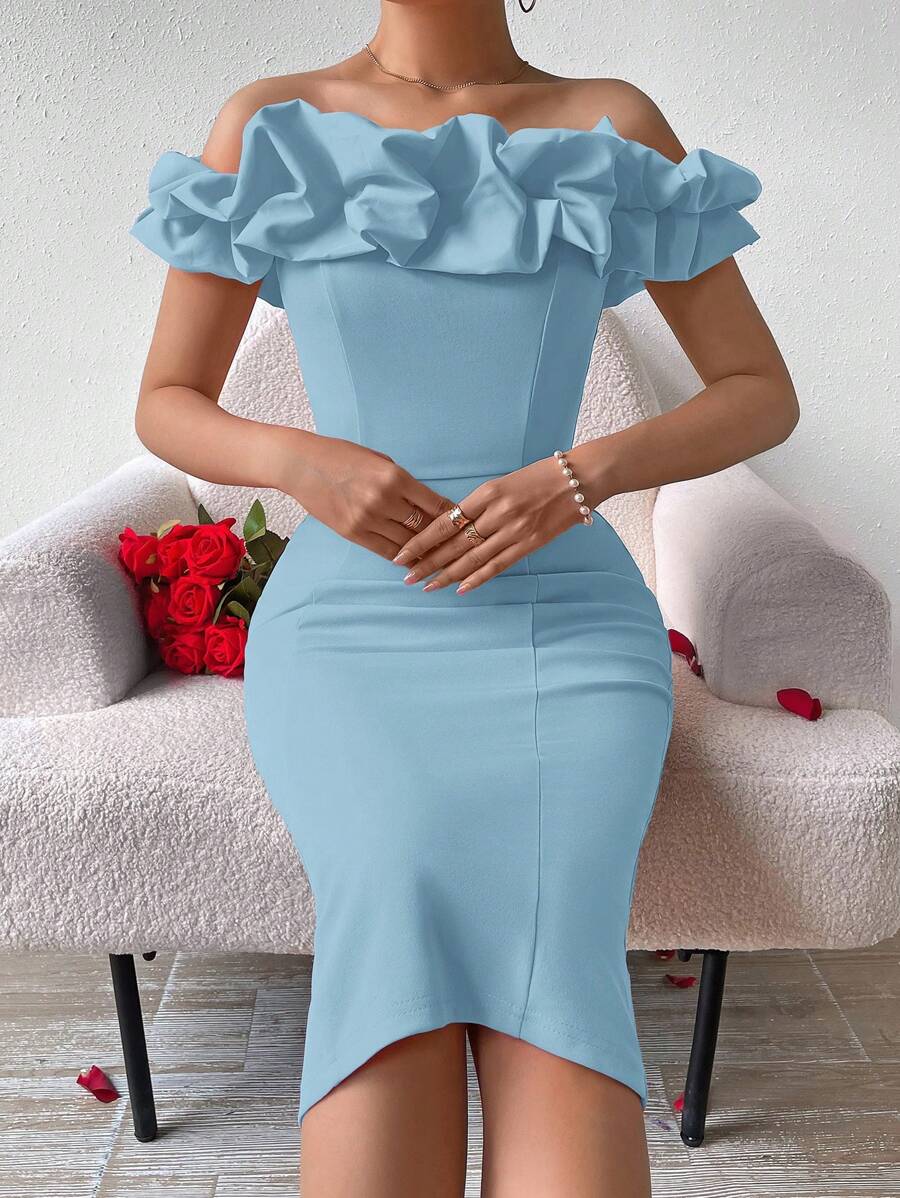 SHEIN Privé Women's Off Shoulder Ruched Lace Dress With Texture - Blue - View 1