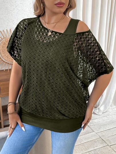 Calvaya Plus Size Women Lace Fabric Asymmetrical Neck Cover Up, Inner Matching Camisole, 2 In 1, Cinched Waist, Casual Outdoor Travel Commute Cover Up