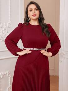 Modelyn Burgundy Red Plus Size Solid Color Lantern Sleeve Pleated Hanky Hem Dress