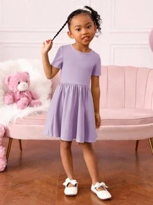 SHEIN Vestido informal de punto unicolor con cuello redondo de manga corta con corte trasero hueco para niña joven - Púrpura malva - Ver 4