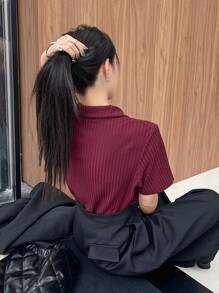 DAZY Solid Color Button Placket Henley Neck Ribbed Short Sleeve T-Shirt Summer,Business Casual Women - Burgundy - View 2