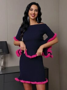 Modphy 春季新品 2入組女式短袖毛衣和鉛筆裙套裝,時尚毛衣 - 藏蓝色 - 查看 3