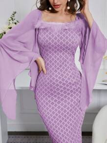 Modelyn Women's Fuzzy Trimmed Bell Sleeve Dress