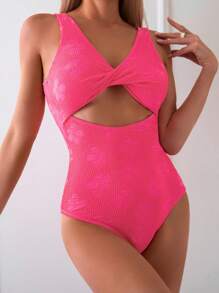 SHEIN Swim Floral Jacquard Hollow Out One Piece Swimsuit Summer - Hot Pink - View 3