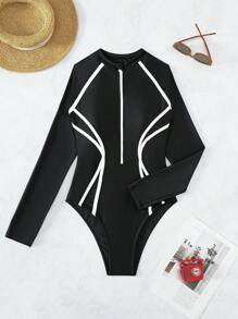 Swim SPRTY 女性彩色區塊對比拼接拉鍊前開式單件泳衣,適用於夏季、海灘、假期、旅遊、節日、游泳池、衝浪 - 黑色 - 查看 6