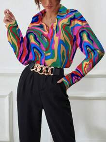 SHEIN Privé Của phụ nữ In Đá cẩm thạch Tay áo dài Áo sơ mi - Nhiều màu - Xem 3