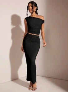 SHEIN BAE Women's Solid Color Pleated Slim Fit Suit - Black - View 7