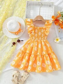 SHEIN Young Girls' Floral Print Ruffle Hem Dress With Matching Hat - Yellow - View 4