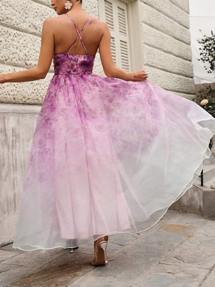 Elegant And Romantic Floral Printed Mesh Spaghetti Strap Wedding Dress With Lace Insert