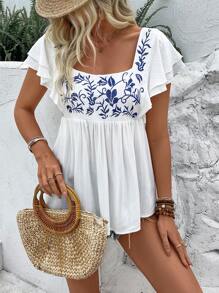 SHEIN LUNE Women's Summer Square Neck Embroidered Short Sleeve Shirt Peplum Top