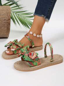 女士綠色蝴蝶結拖鞋,有型的沙灘鞋,防滑兩用扁平拖鞋 - 綠色 - 查看 5