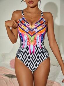 SHEIN Swim Women's Printed Splicing One Piece Swimsuit With Shoulder Straps
