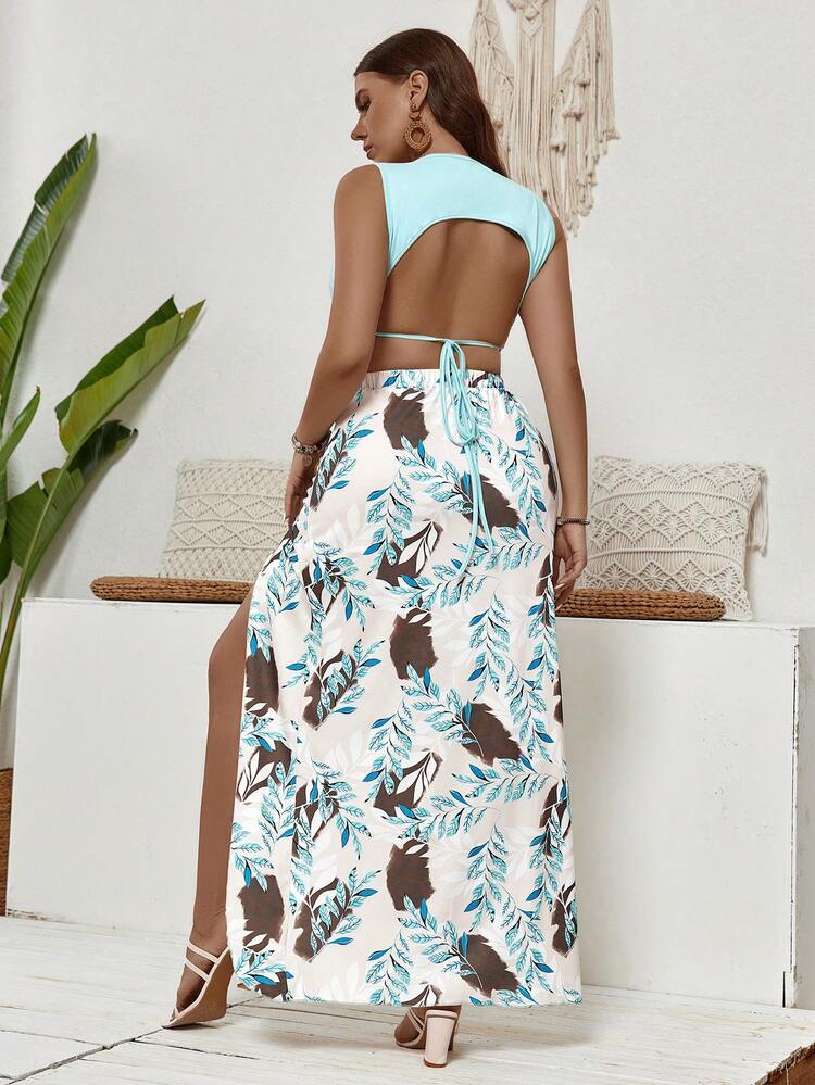 Plus Size Solid Color Fashionable Camisole Top And Printed Pleated Slit Skirt Two Pieces Set