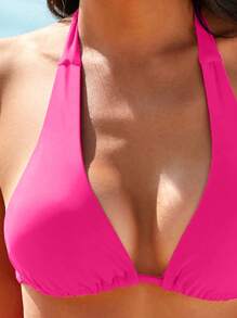 Swim Vcay Summer Beach Ladies' Solid Color Halter Neck Tie Bikini Set - Hot Pink - View 4
