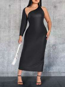 SHEIN Unity Women's Plus Size Hollow Out One Shoulder Sleeveless Dress Fall Cloth For Women - Black - View 1