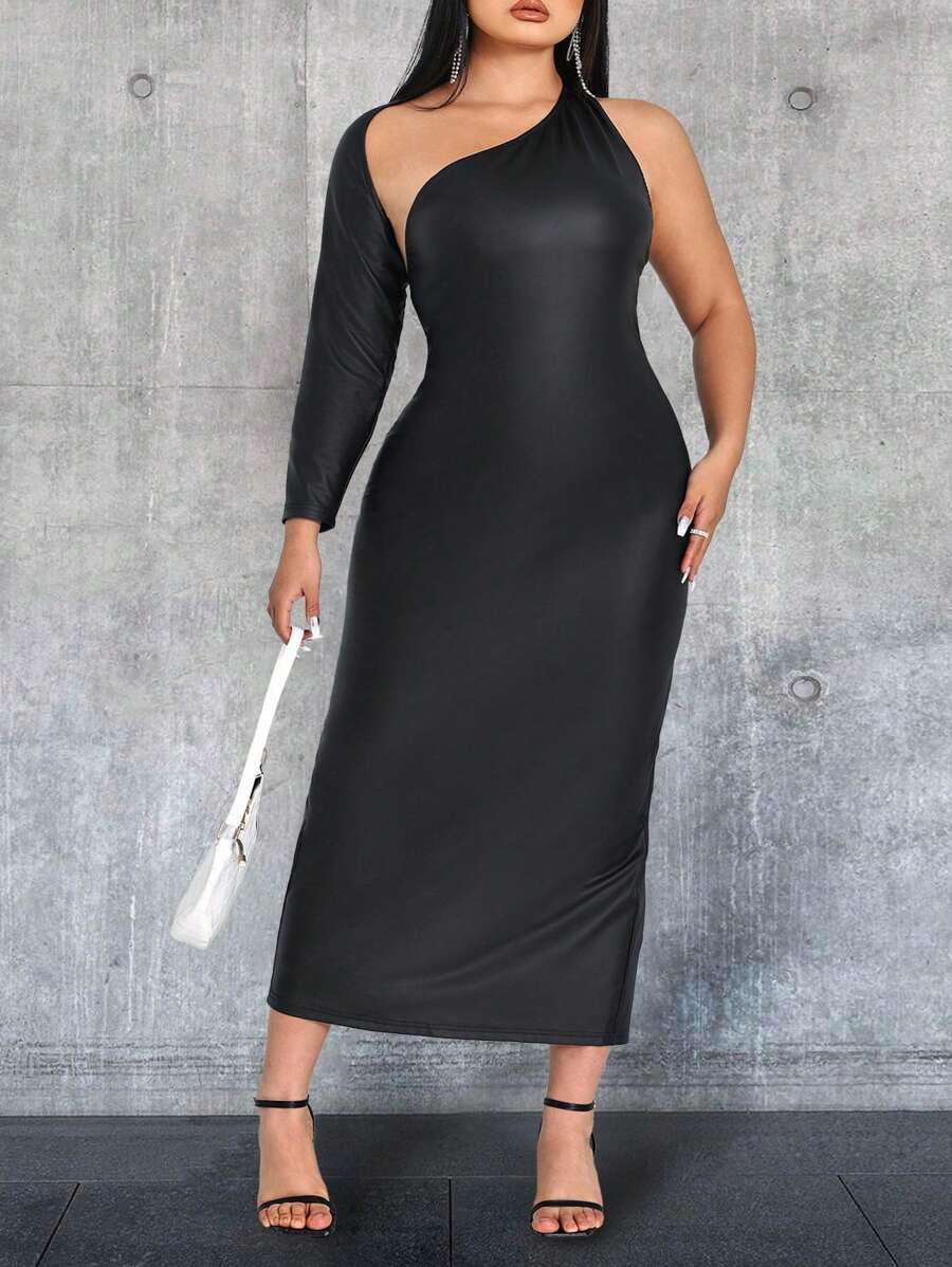 SHEIN Unity Women's Plus Size Hollow Out One Shoulder Sleeveless Dress Fall Cloth For Women - Black - View 1