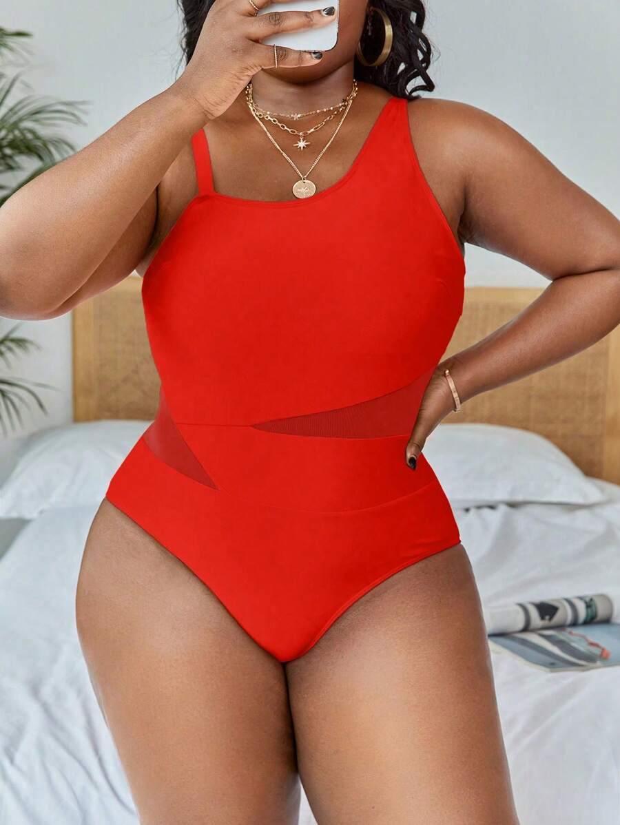 Slaydiva 1pc Asymmetrical Patchwork Sexy Plus Size Women One Piece Swimsuit Summer - Red - View 1
