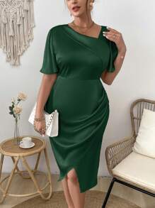 SHEIN Clasi Rochie de damă de mărime mare simplă, cu gât cu volane, cu tiv - Verde inchis - Vizualizare 1