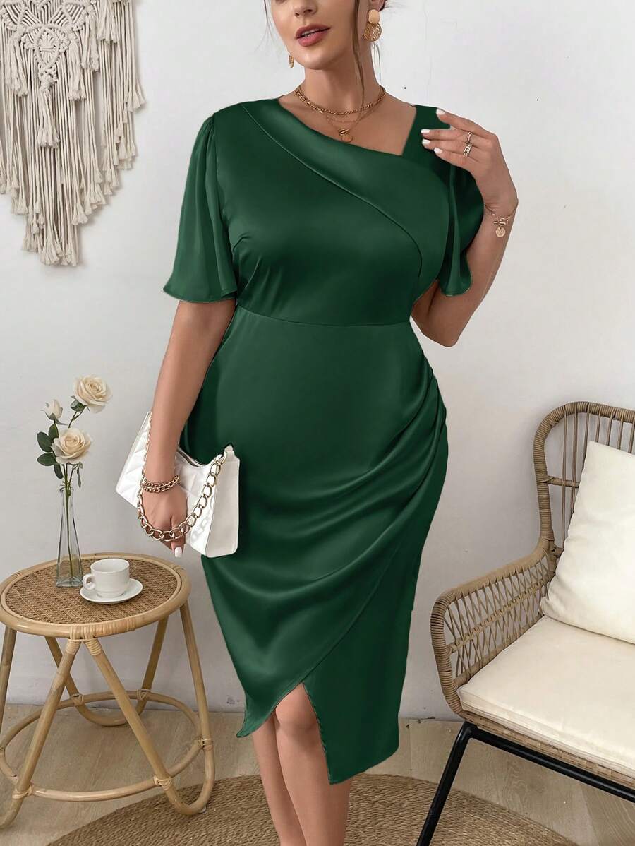 SHEIN Clasi Kích thước lớn Của phụ nữ màu trơn Cổ không đối xứng Xù Hoa Sen Đầm - Màu xanh lá cây đậm - Xem 1